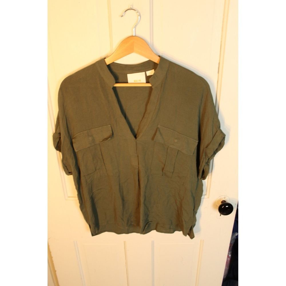 Maeve‎ by Anthropologie Olive Green V-Neck Pocket Utility Shirt Top Medium
